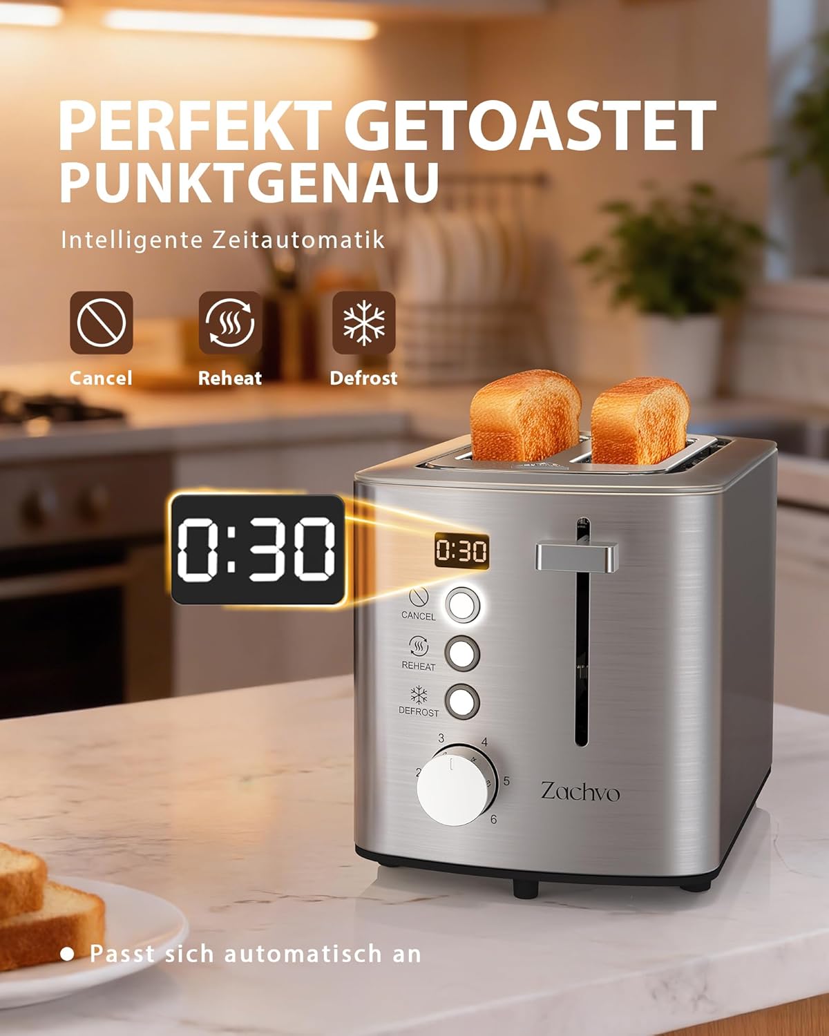 Toaster mit Brötchenaufsatz, Silber - Led Drehknopf