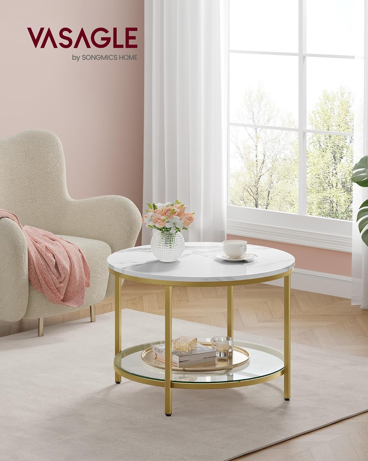 Couchtisch mit Glasplatte, 65d cm Marmorweiss + Helles Gold