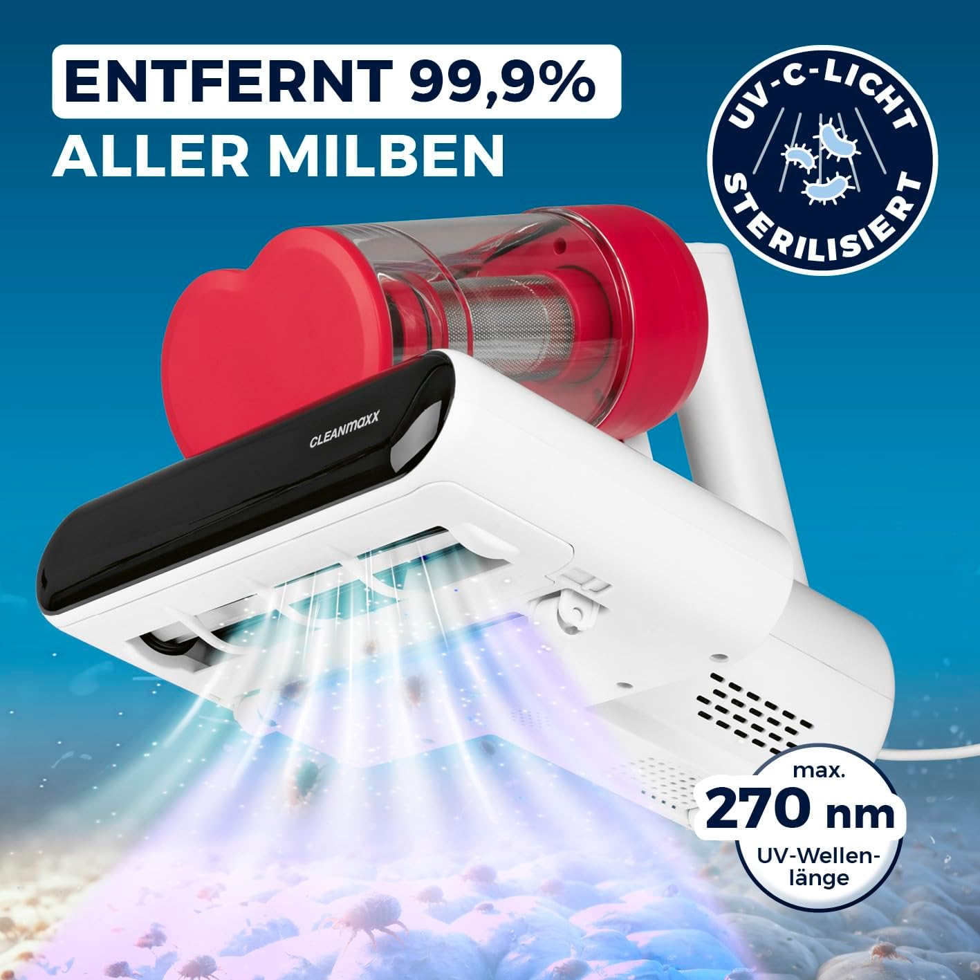 Milbensauger mit UV-C & HEPA-Filter für Matratzen, Rotation Power 13kPa Rot