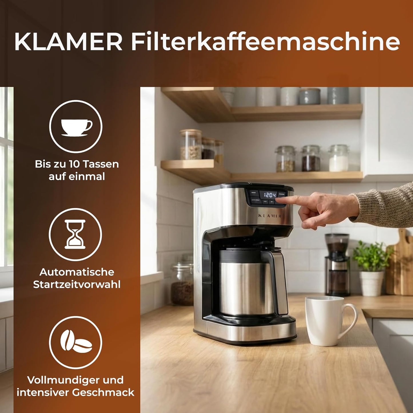 Filterkaffeemaschine mit Thermoskanne, 10 Tassen, Edelstahl