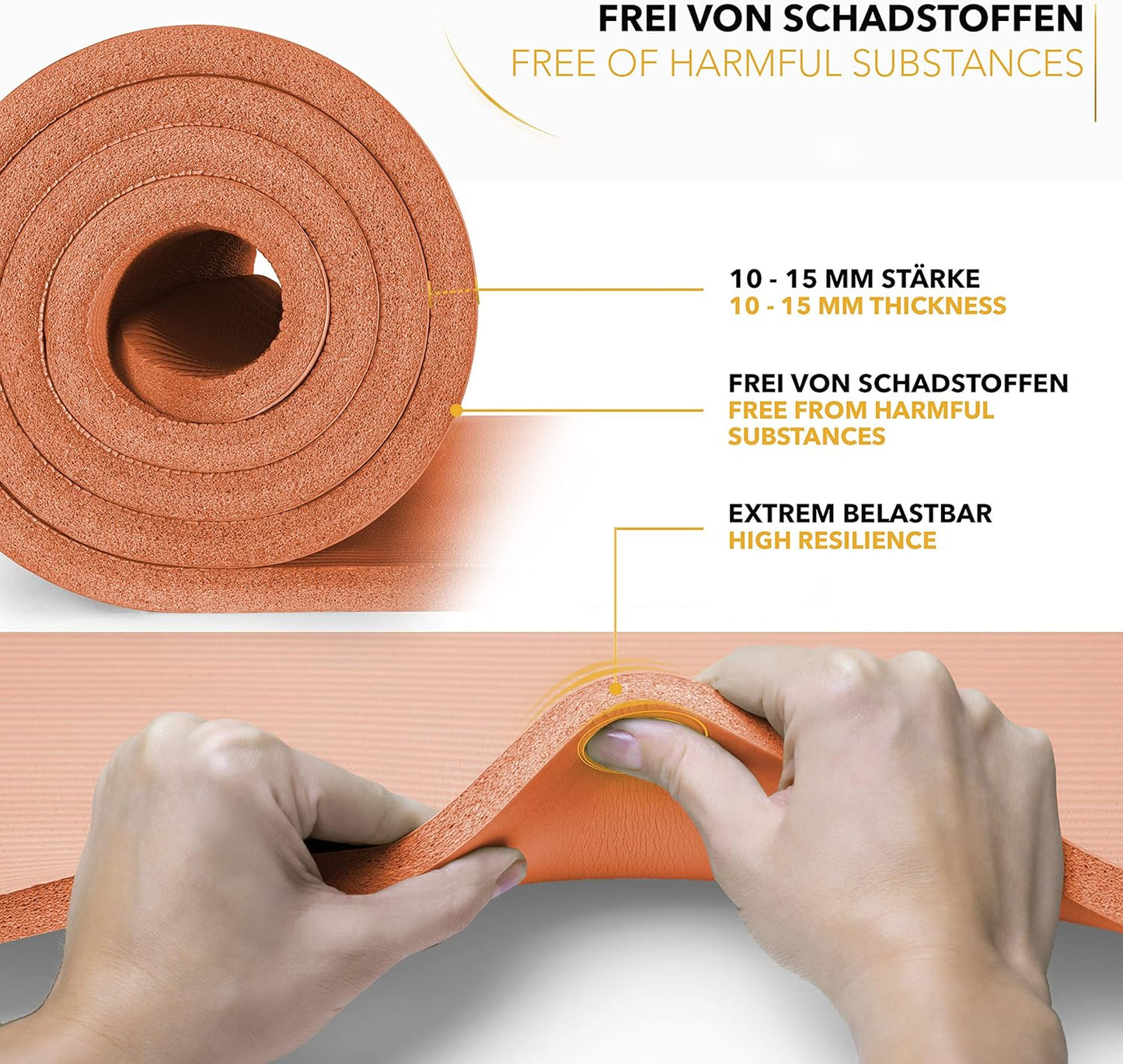 Rutschfeste Yogamatte mit Tragegurt, Orange 190 x 100 x 1,5 cm