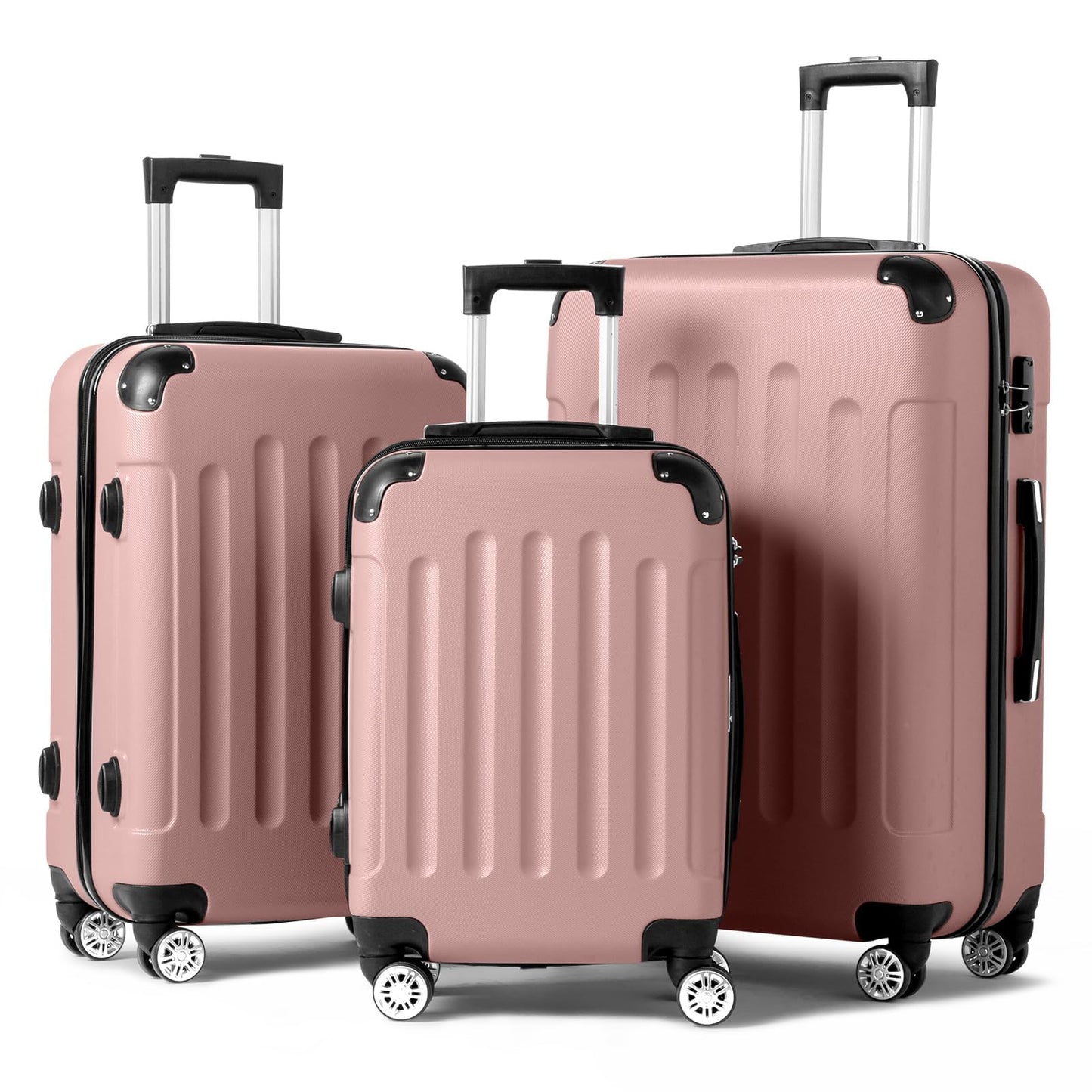 Kofferset mit Rollen und Zahlenschloss (3-teilig), Kofferset 3tlg(Mit Eckenschutz) Rosegold