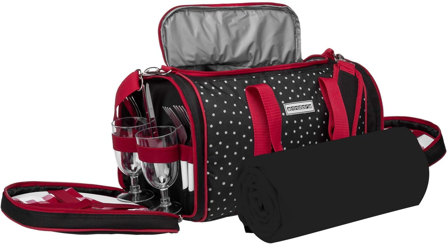 Picknick-Kühltasche mit Decke & Zubehör-Set, 3337: Schwarz Weiss Gepunktet