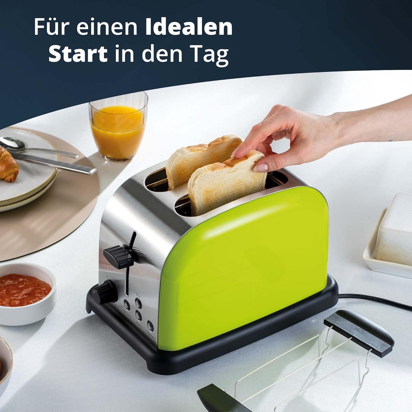 American Diner Style Toaster TO-1005 mit Brötchenaufsatz, 2 Scheiben, Lime (Grün)-edelstahlfarben-schwarz