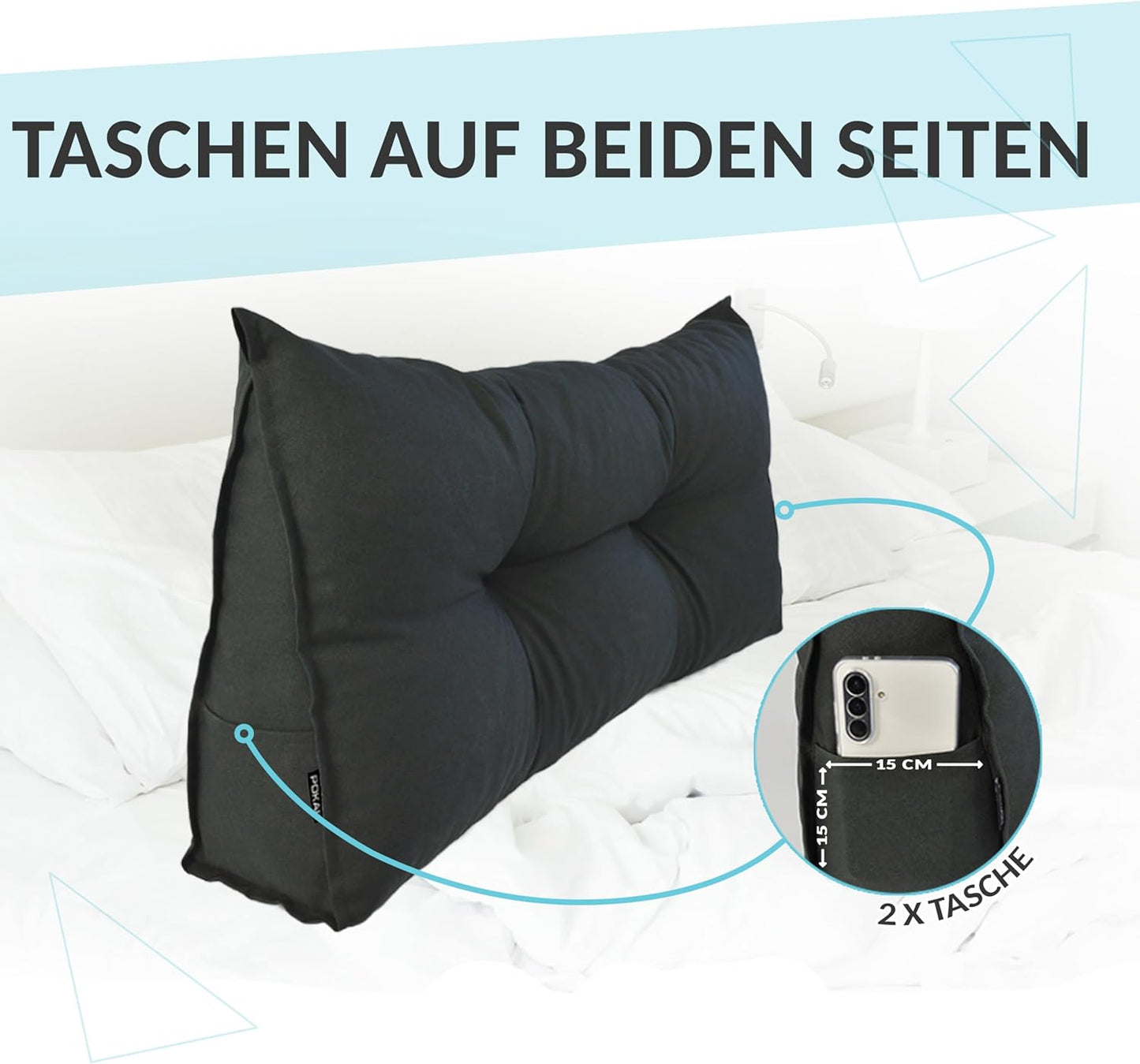 Keilkissen mit Seitentaschen, 70x50 Schwarz