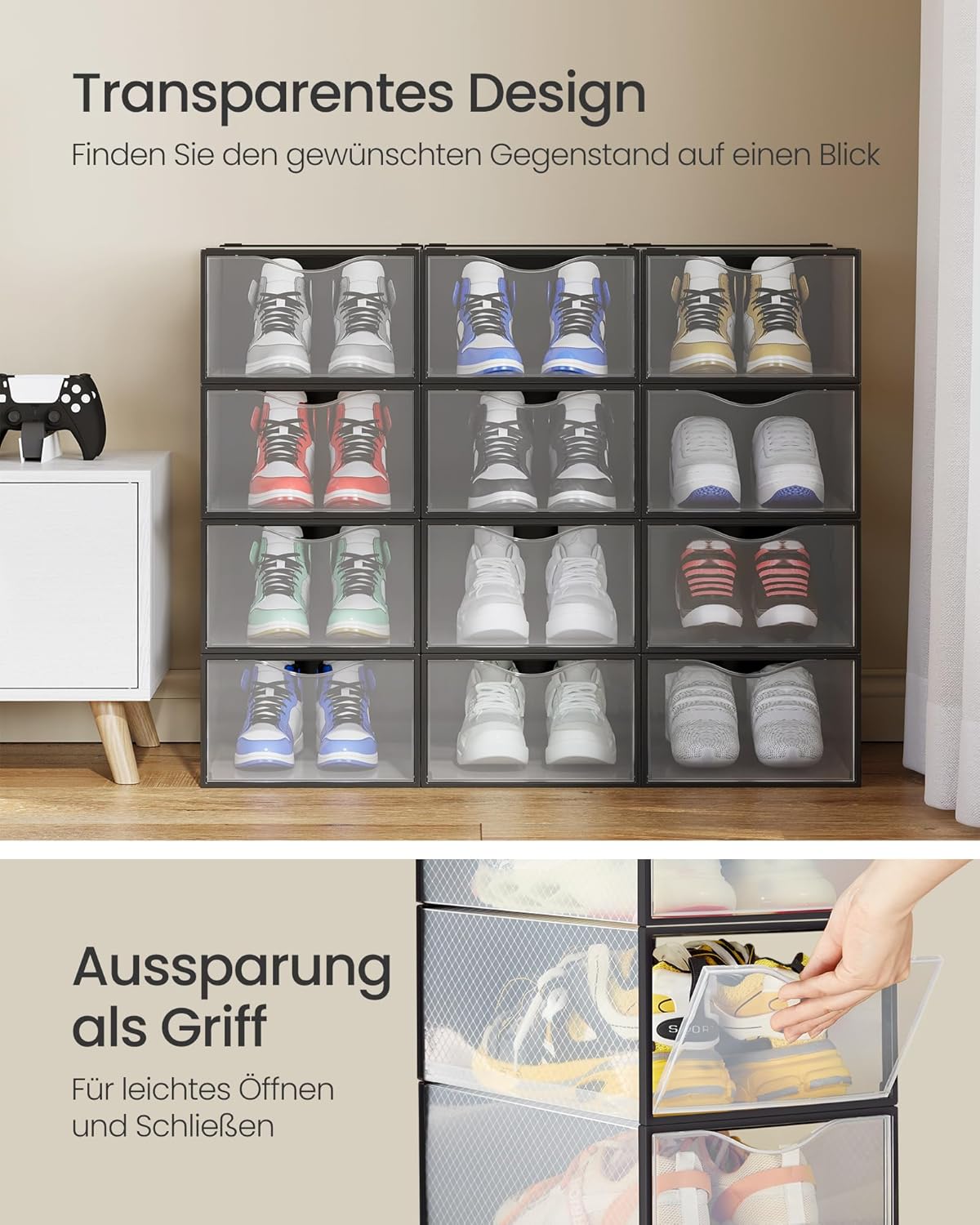 12x stapelbare Schuhboxen, Transparent + Tintenschwarz 12