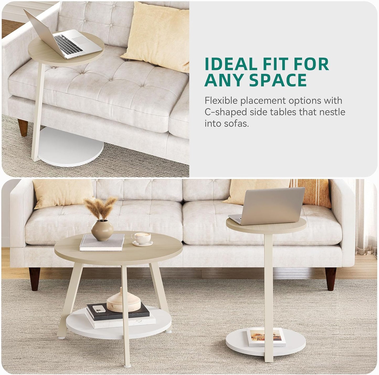 Runder Couchtisch Set mit Stauraum, 2er-Set, Eiche
