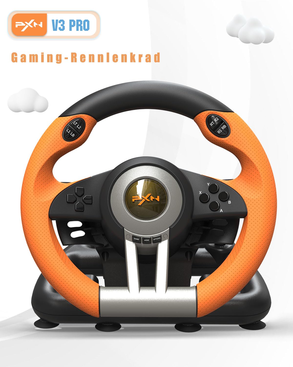 Gaming-Lenkrad mit Pedalen und Vibration, Orange