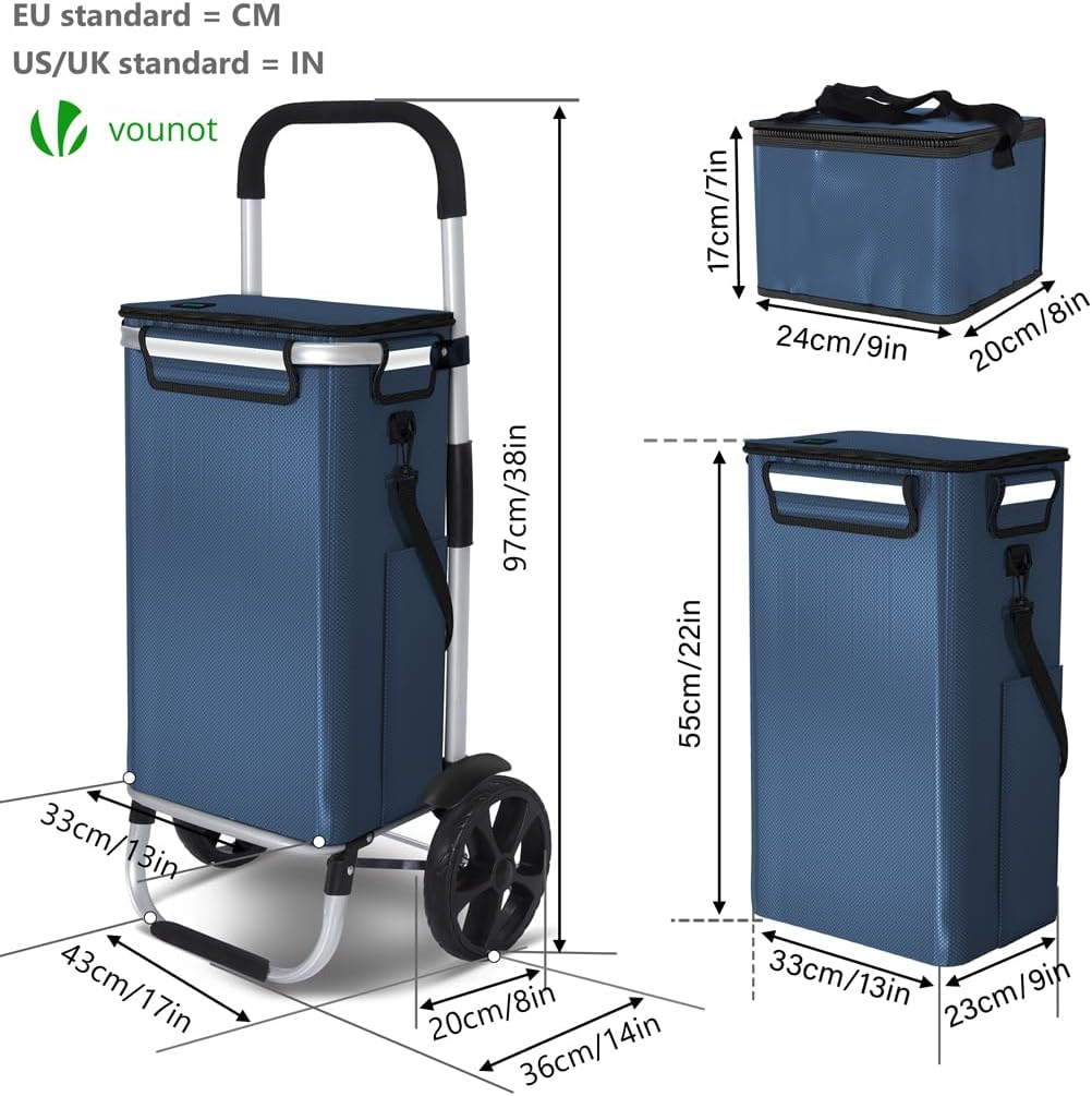 Klappbarer Einkaufstrolley mit Kühlfach und Treppensteiger, 58L Marineblau