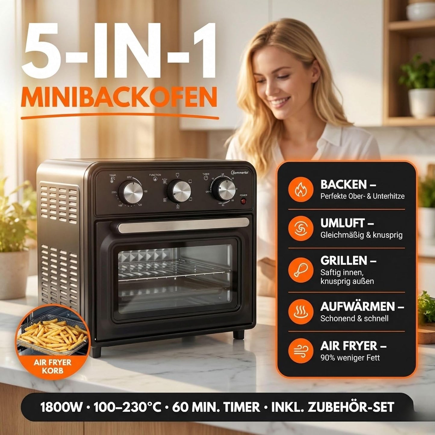 Minibackofen mit Umluft & Airfryer-Funktion, 20 Liter