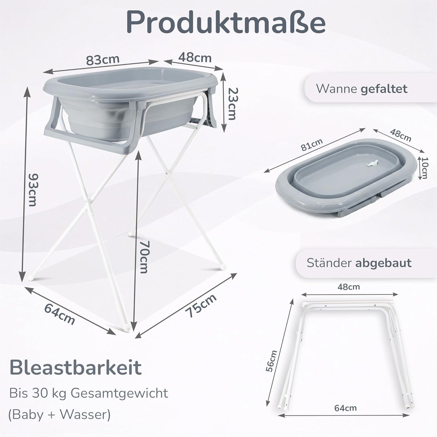 4-teiliges Babybadewannen-Set mit Ständer, Grau 4-Set