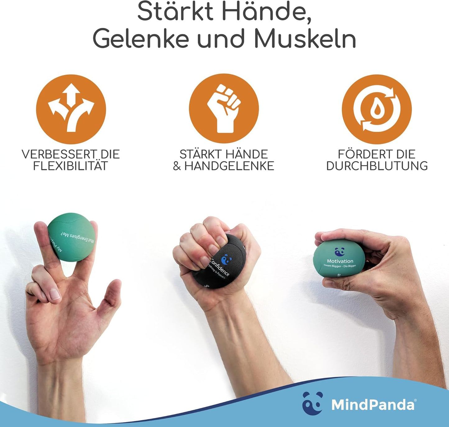 Stressball Handtrainer-Set (3 Dichten), Sonnenorange, Anthrazit, Jadegrün