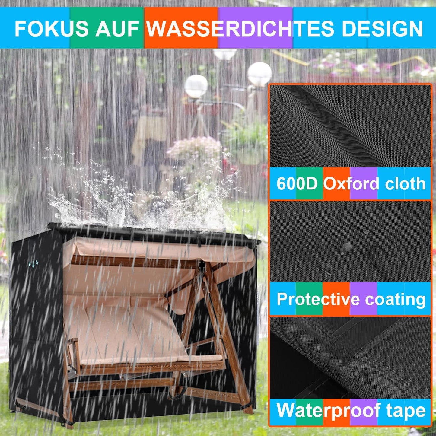 Wasserdichte Schutzhülle für Hollywoodschaukel (3-4 Sitzer), 215x125x170cm