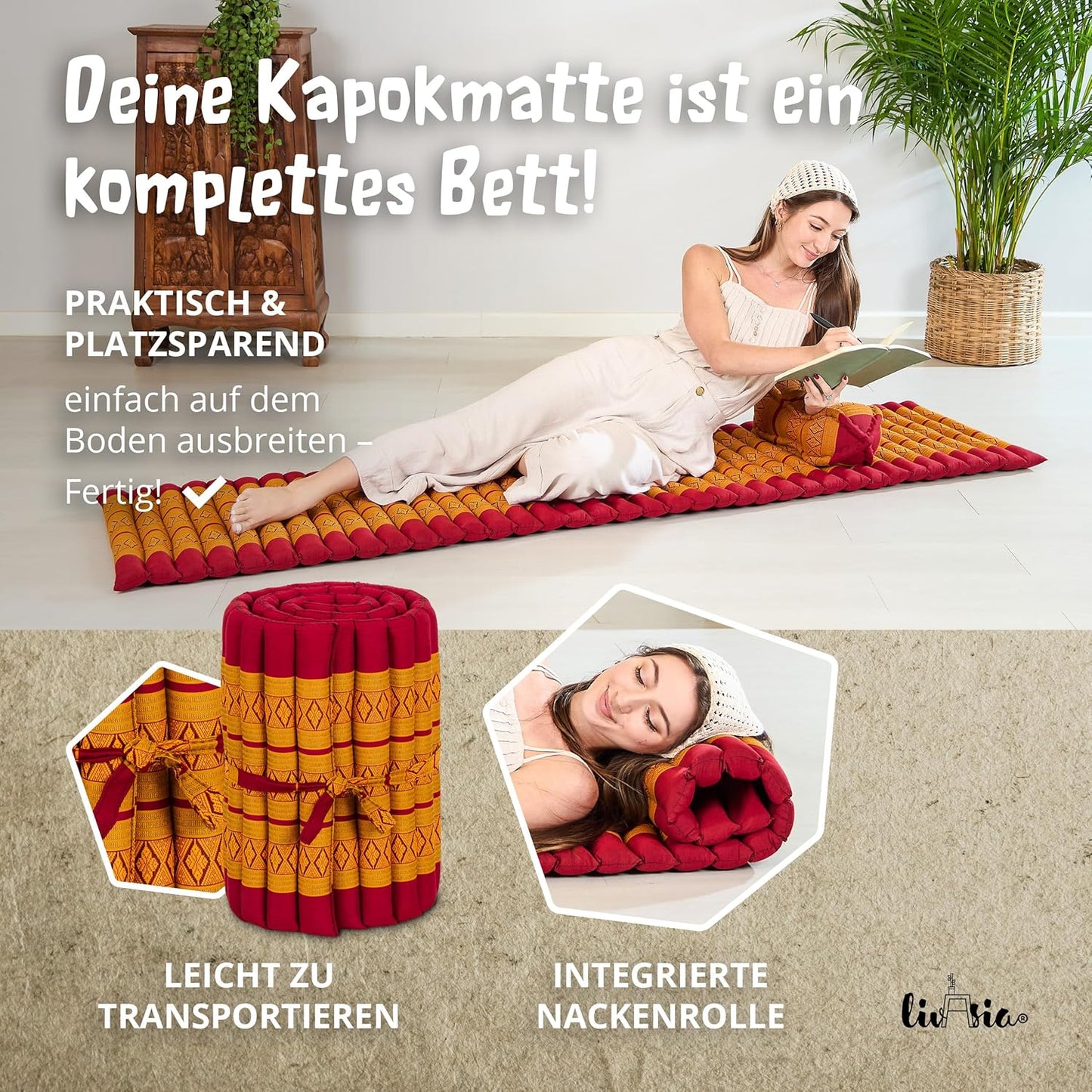 Rollmatratze Gästebett für 1 Person (200x110x4,5 cm), S (200 x 50 cm) Rot/Gelb