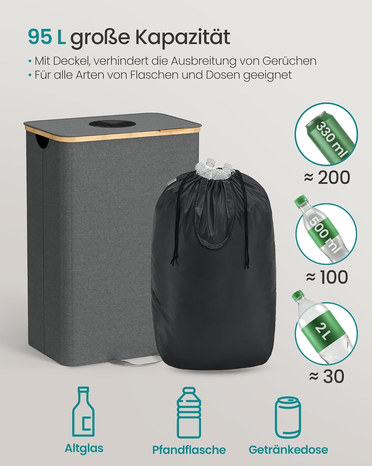 Pfandflaschen-Sammelbehälter mit Innensack, Schiefergrau + Naturbeige 95 L