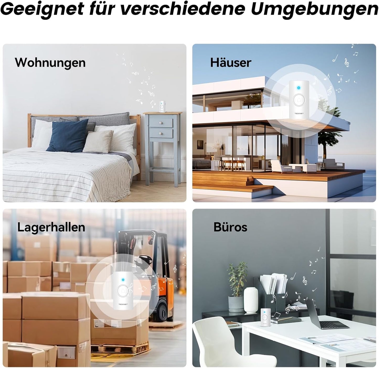 Funkklingel-Set mit 2 Empfängern, 5 Lautstärkestufen & 60 Melodien, 2 Empfänger & 1 Sender Weiss