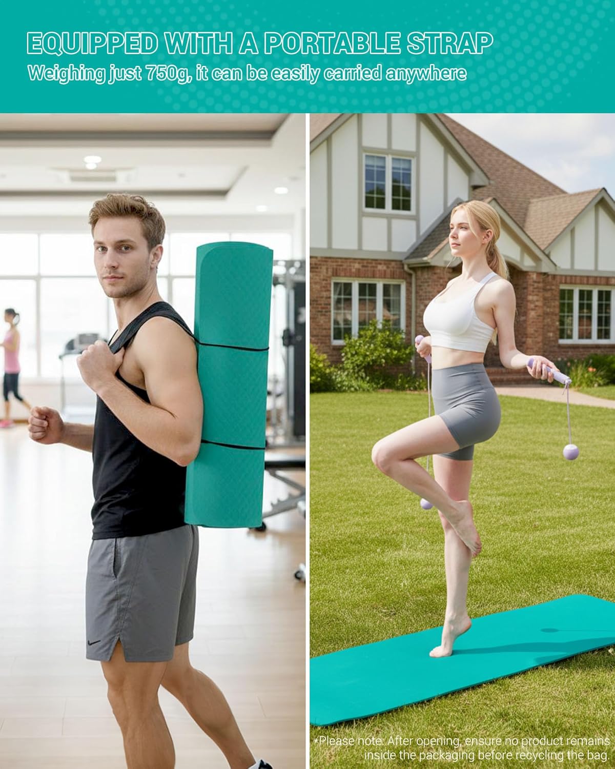 Gymnastik- und Yogamatte mit Tragegurt (183 x 61 x 0,6 cm), Türkis