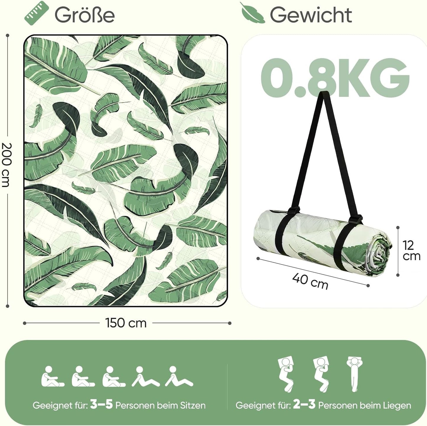 Wasserdichte Picknickdecke, 150x200 cm, 150x200 cm Grün - Tropische Blätter