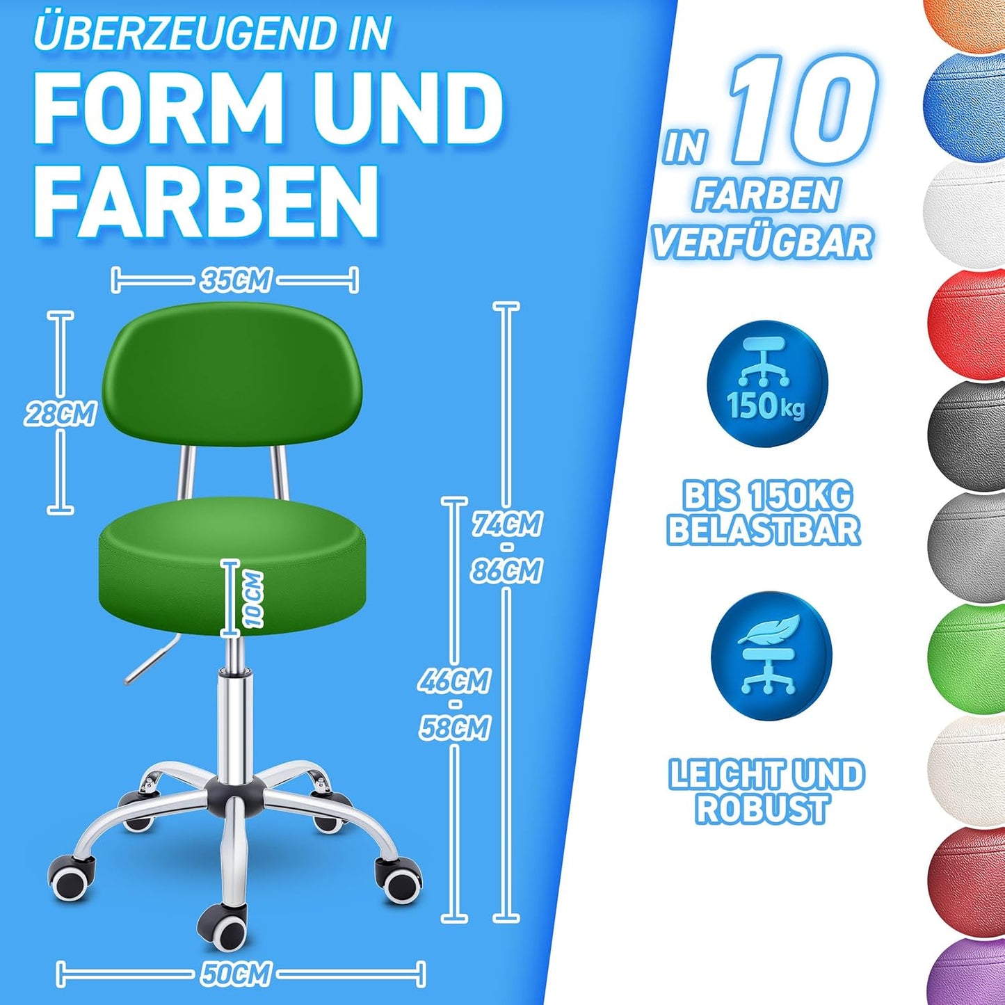 Höhenverstellbarer Rollhocker mit Lehne, Grün