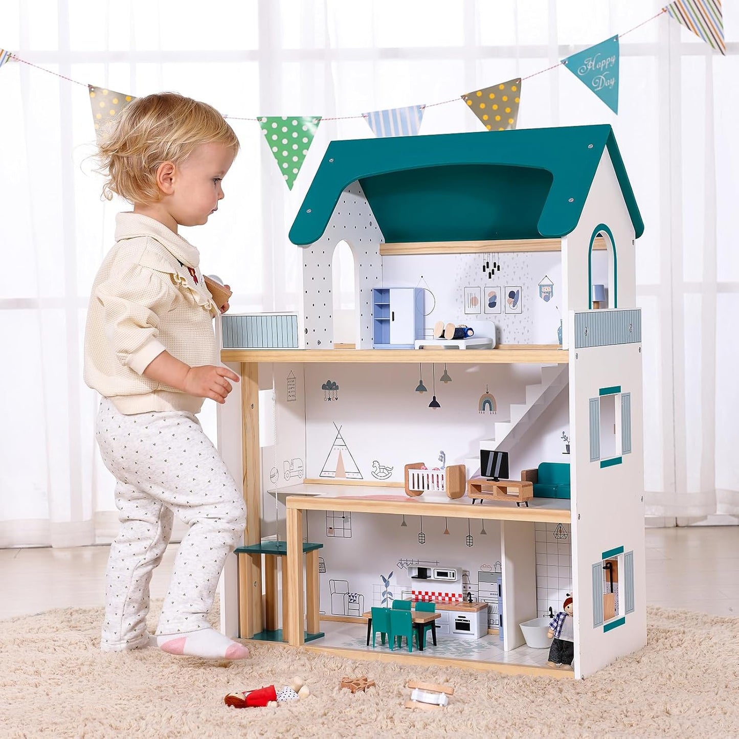 Grosses Puppenhaus mit Aufzug und Zubehör, Puppenhaus Holz+ Möbel