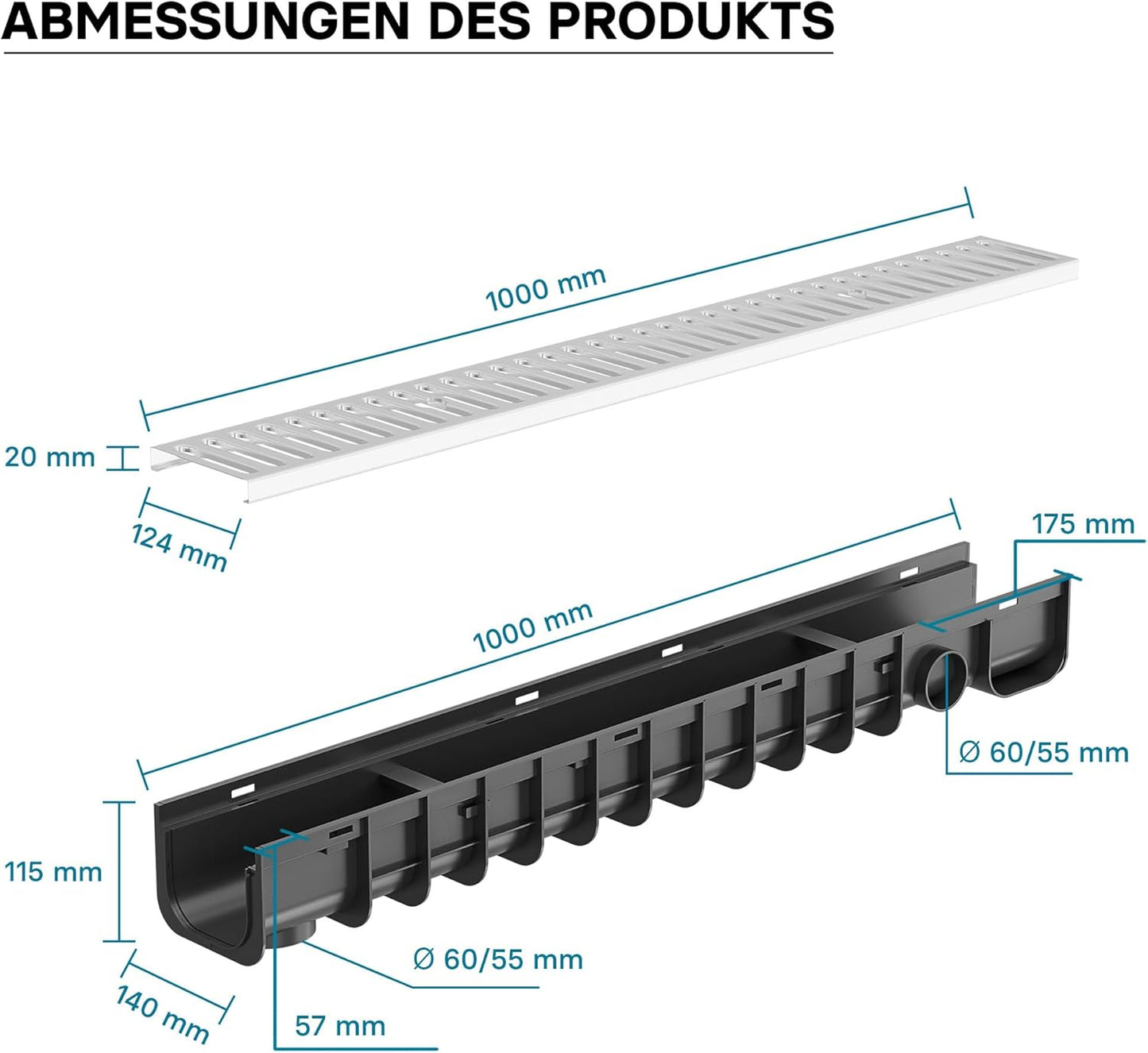 Entwässerungsrinne mit Abdeckrost, Verzinkt 1m, 1,5 t