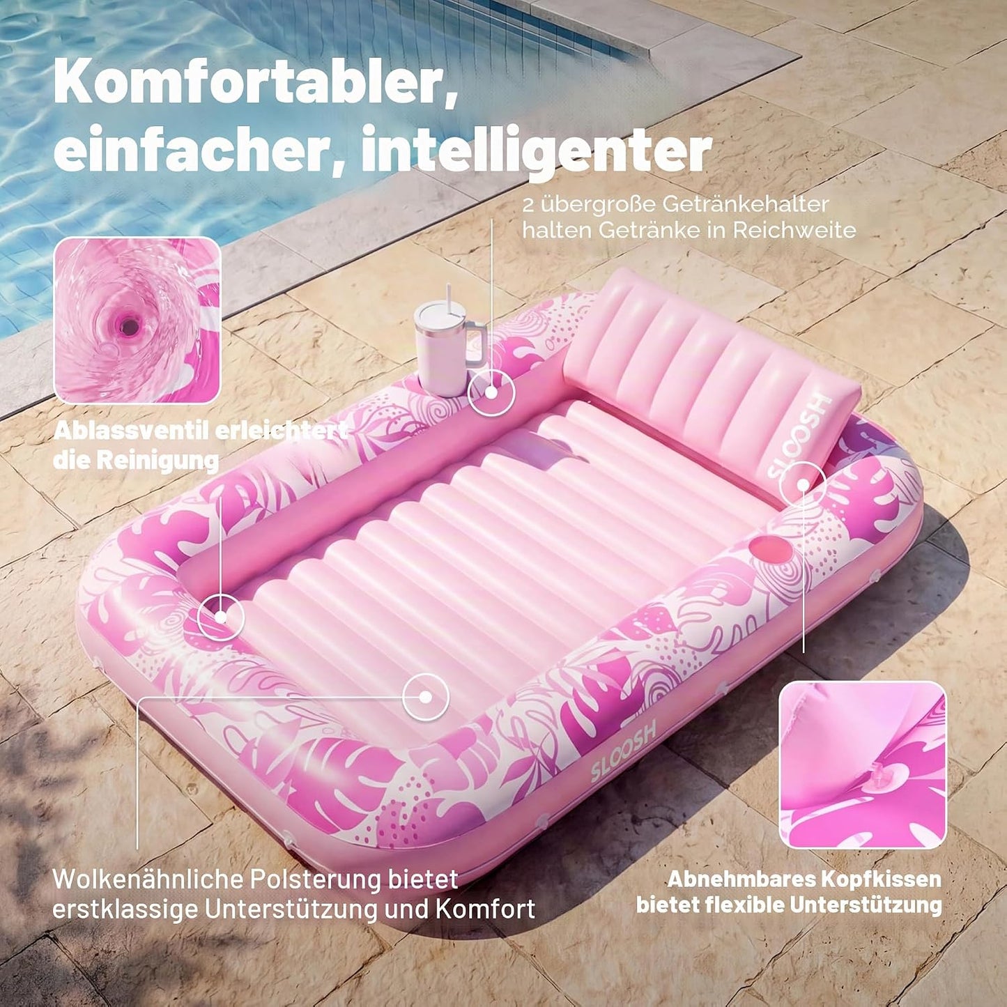 Aufblasbarer 4-in-1 Sonnenliegepool mit Kissen und Getränkehalter, Zartrosa L