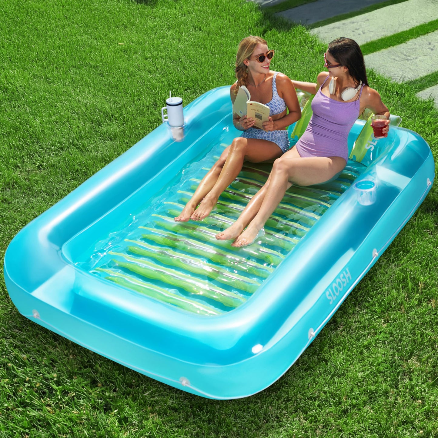 Aufblasbarer Sonnenpool mit abnehmbarem Kissen und Getränkehalter, Blau-Grün XL
