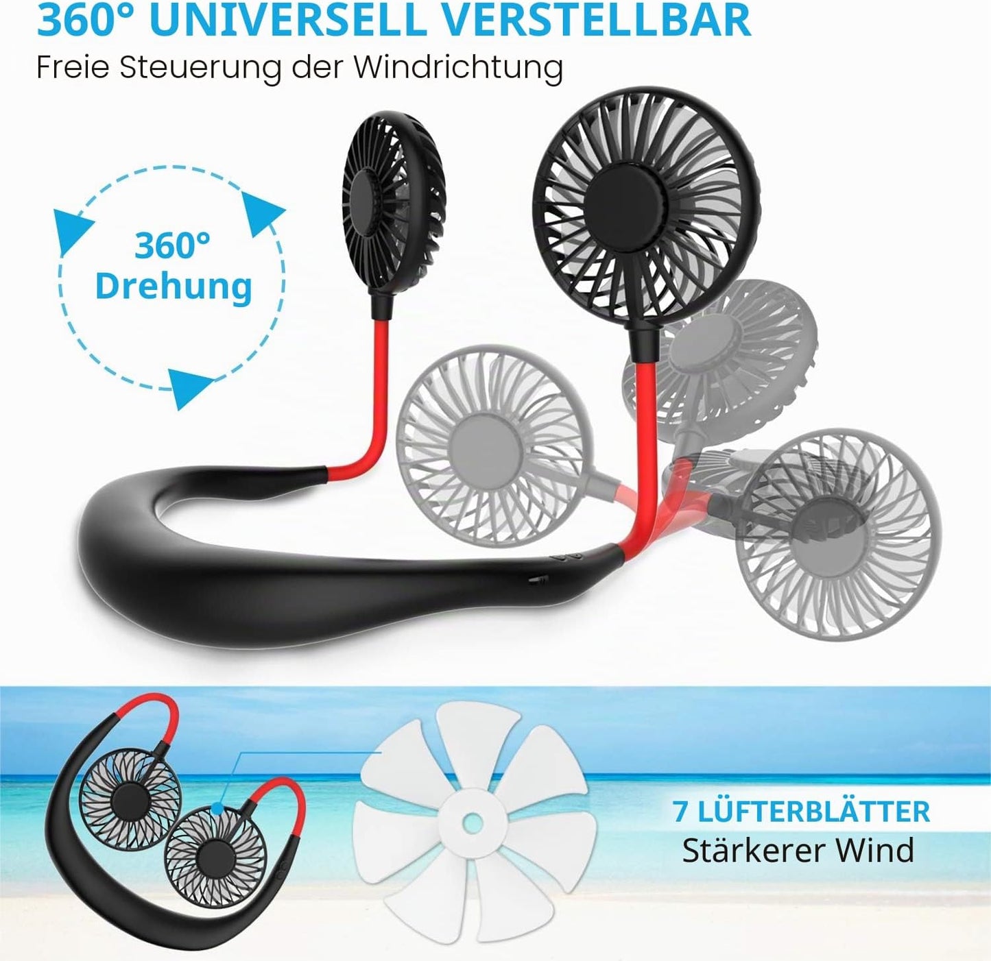 Tragbarer USB-Nackenventilator mit LED-Licht, Schwarz