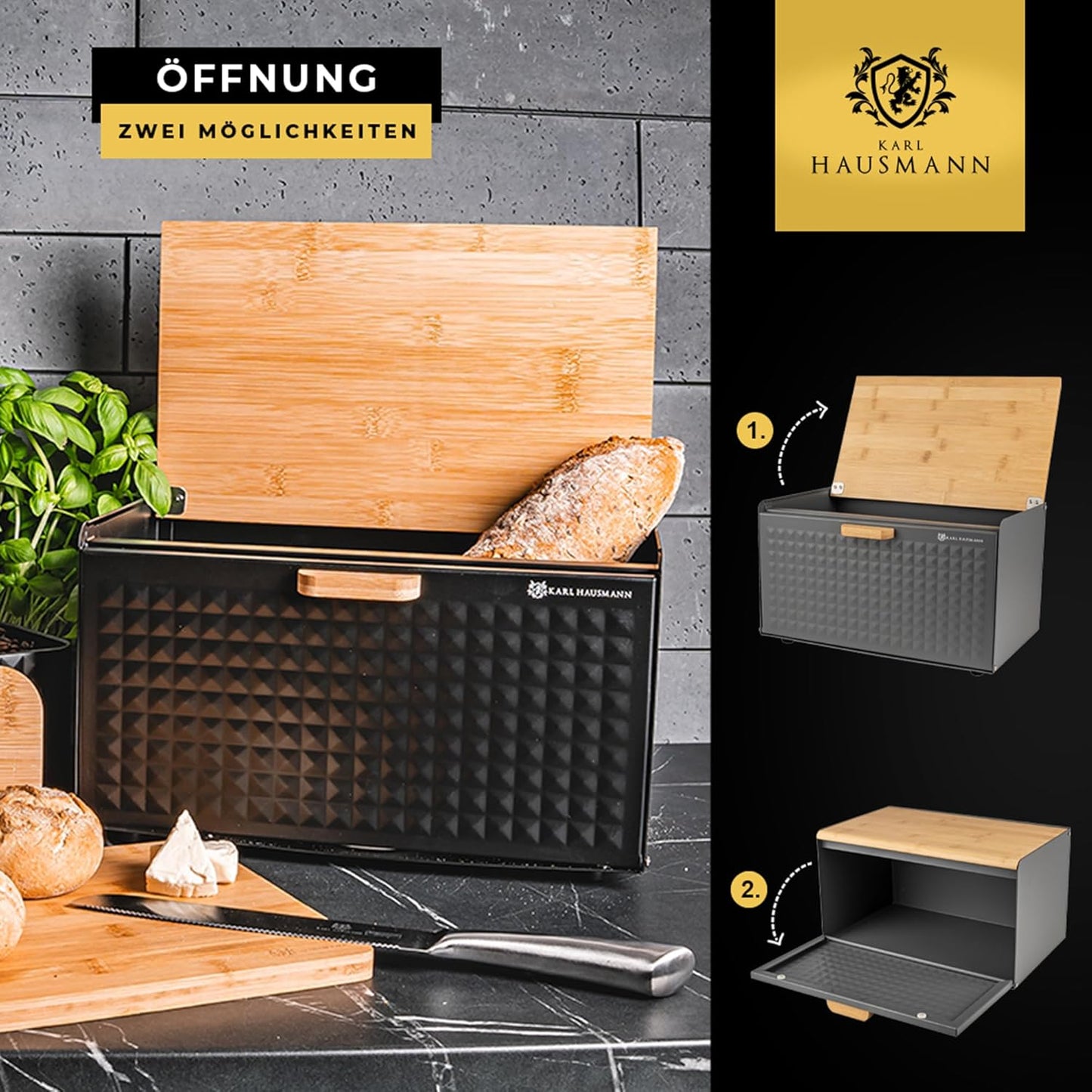 Brotkasten mit Bambusdeckel und Magnetverschluss, Grau