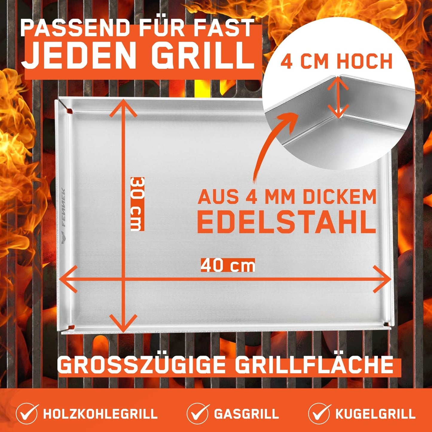 Teppanyaki Grillplatte mit Ablaufloch, FENNEK Plancha 40 x 30 cm mit Vorderkante