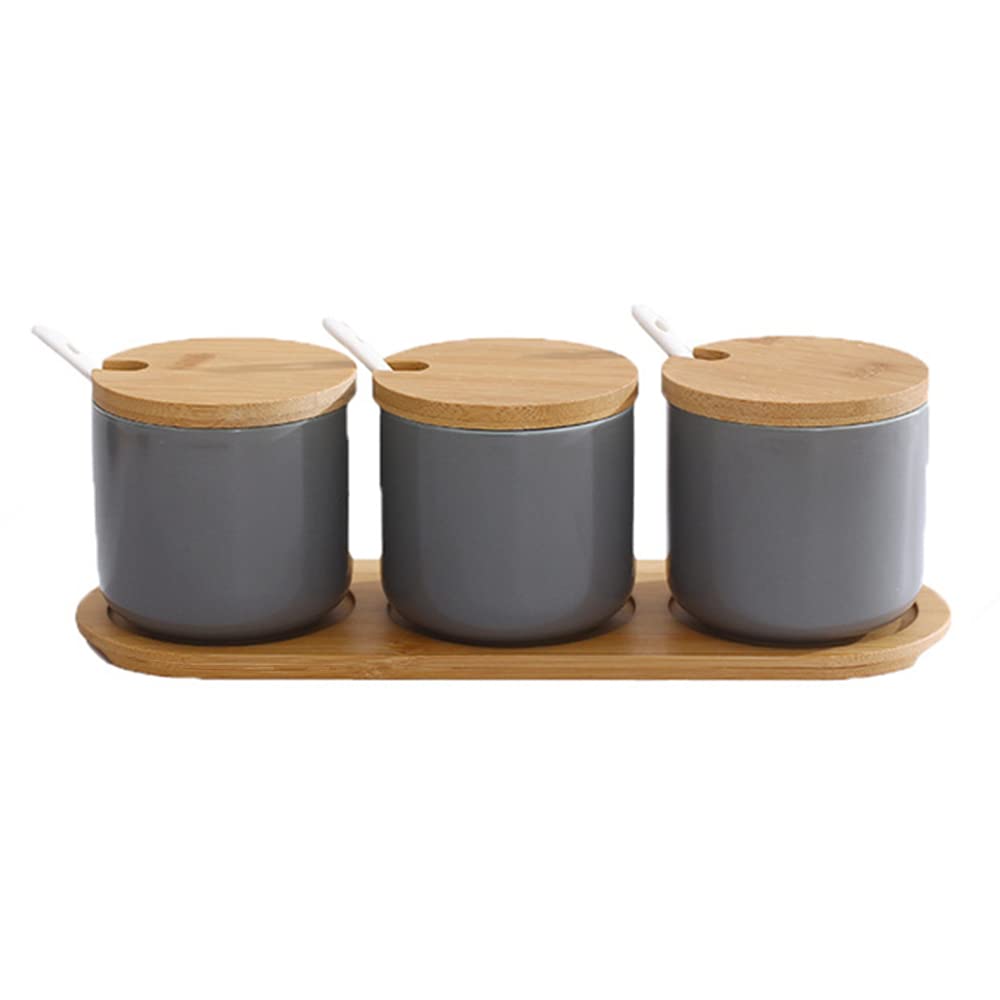 Gewürzdosen-Set mit Löffel und Bambusdeckel, Grau, 3er Set