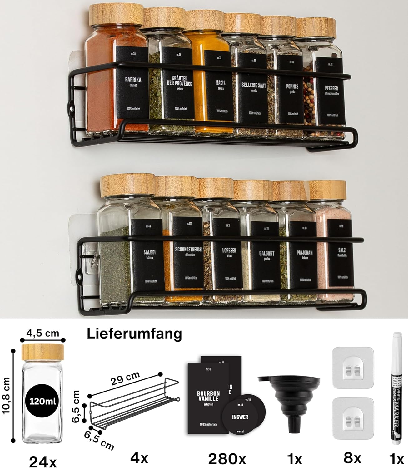 Gewürzregal-Set zum Aufhängen, mit Gläser, Deckel Bambus