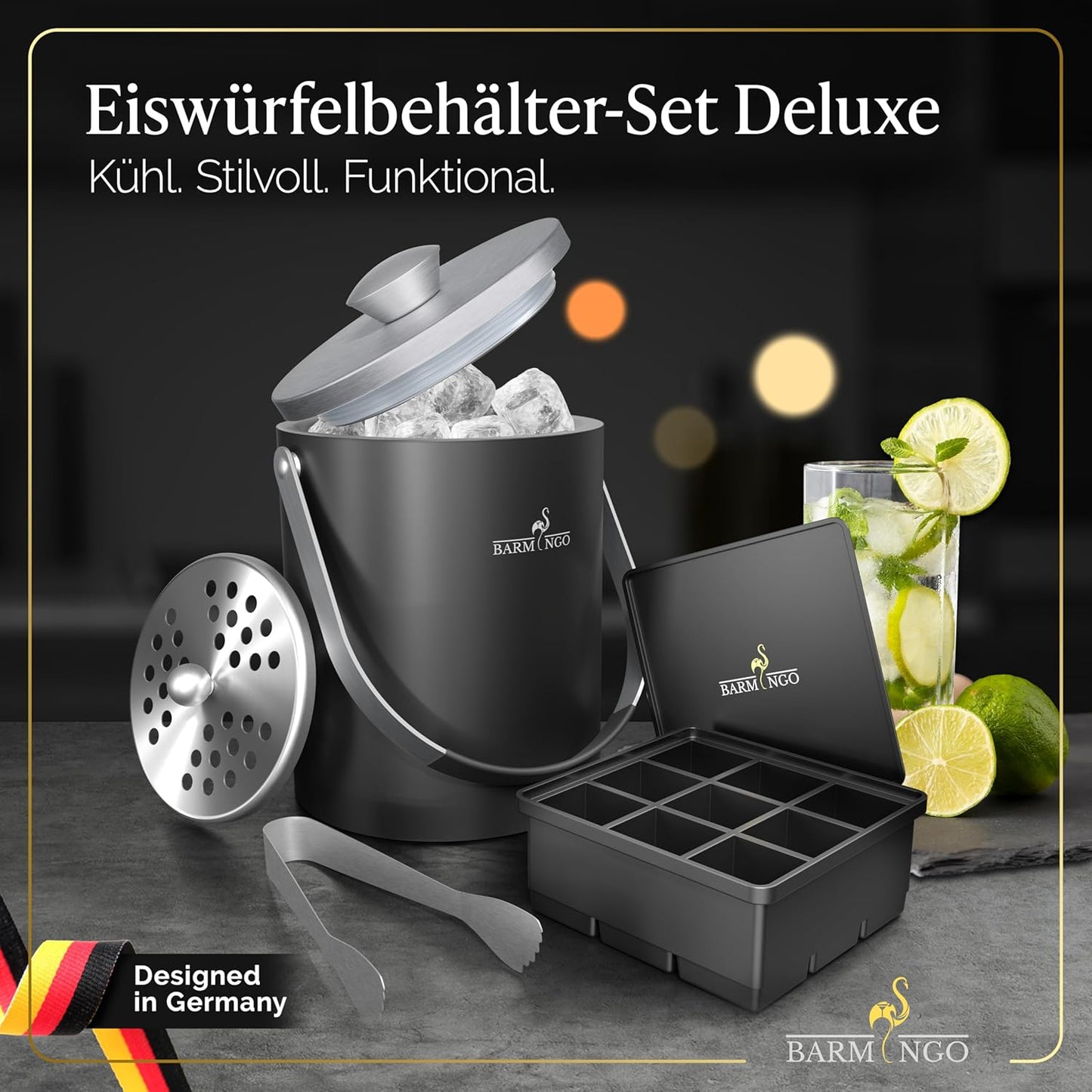 Eiswürfelbehälter mit Deckel, Schwarz-Silber