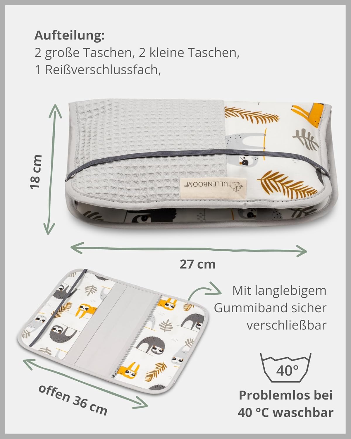 Windeltasche für unterwegs, Grau Faultiere 18 x 27 cm