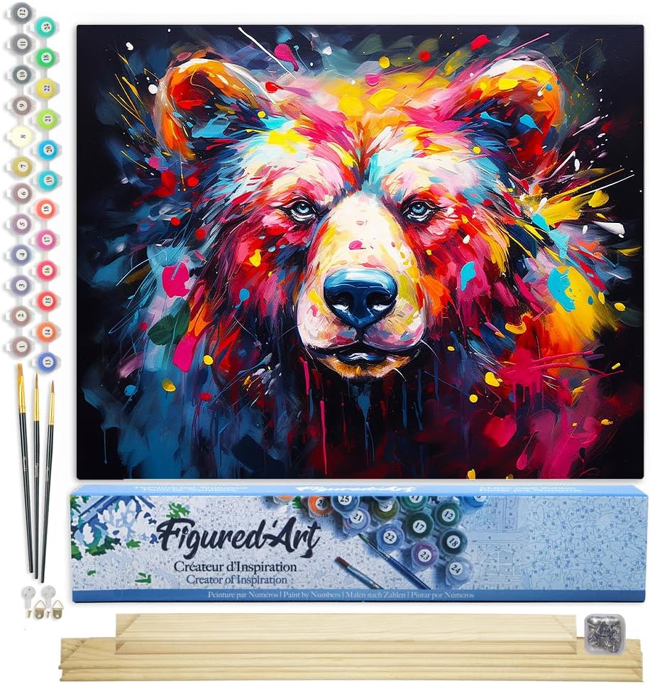 Malen nach Zahlen Set Bär, Bär Farbenfroh Abstrakt 40x50cm Mit Keilrahmen (nicht gespannt)