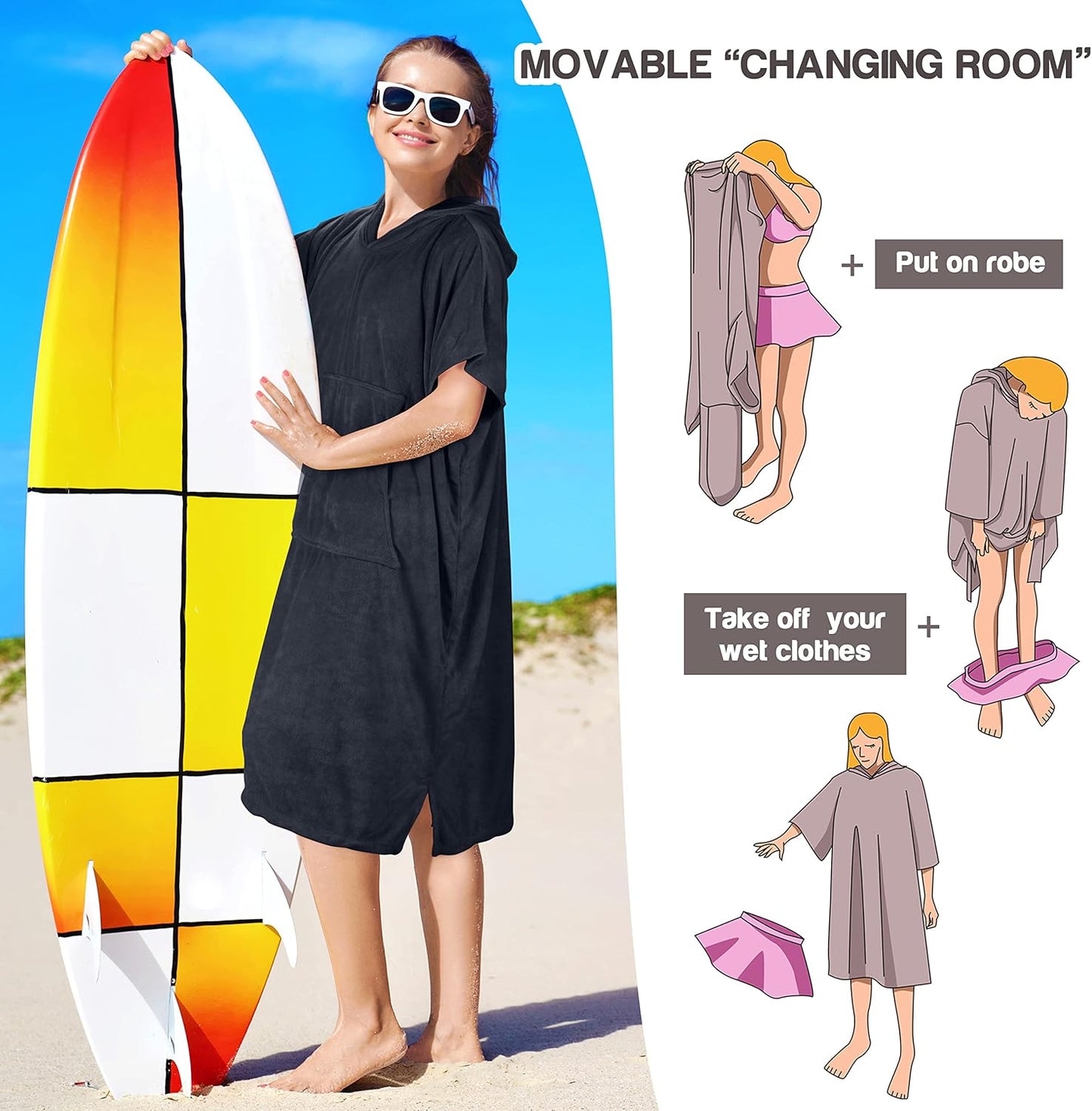 Surf Poncho mit Kapuze, Schwarz