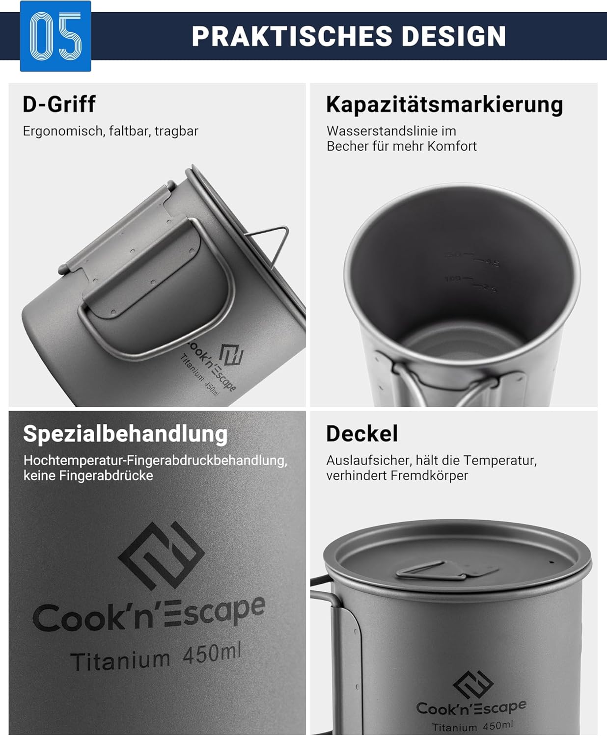 Camping Tasse mit Deckel und faltbarem Griff, 450ml Becher