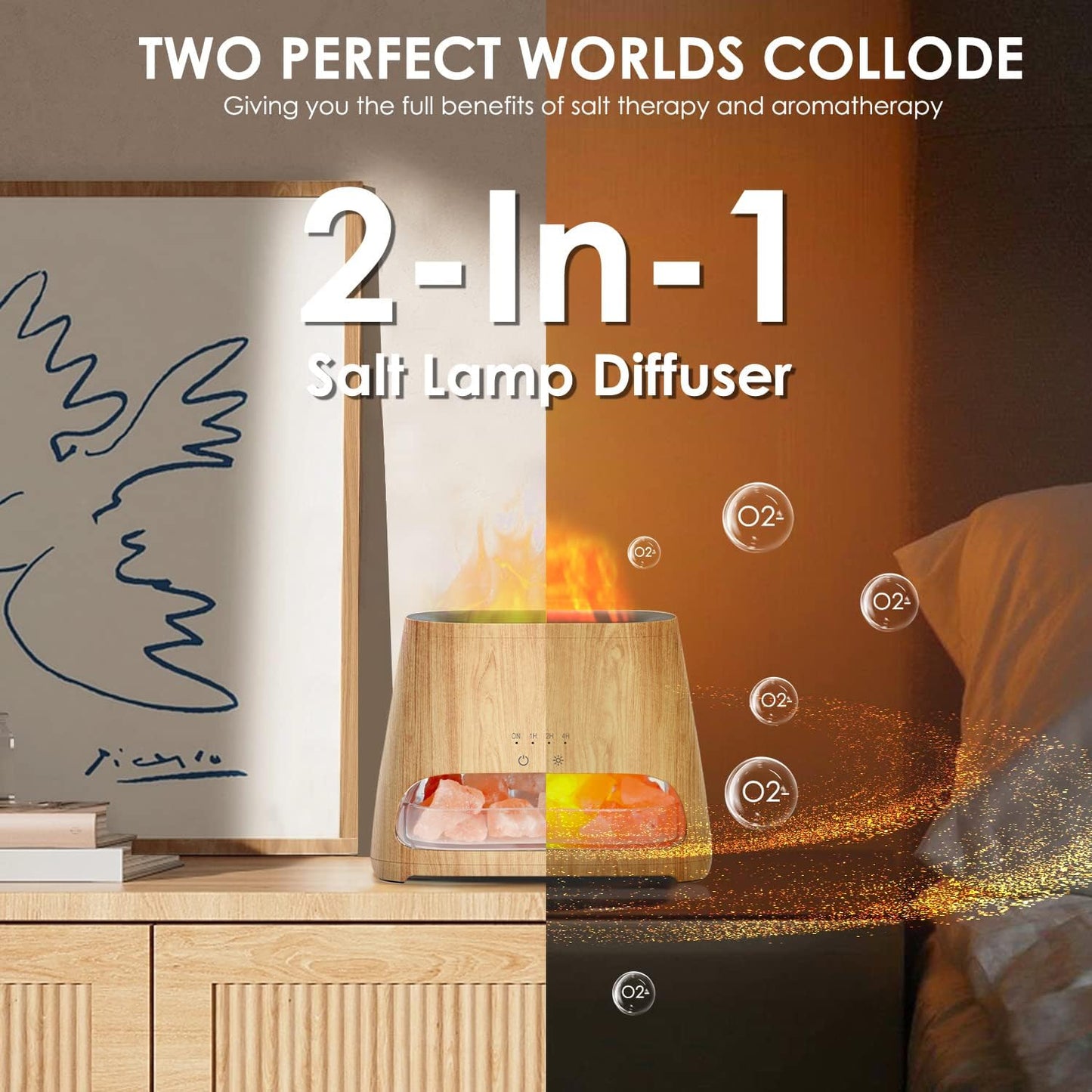 2-in-1 Aroma Diffuser & Salzleuchte mit Flammeneffekt, Holz