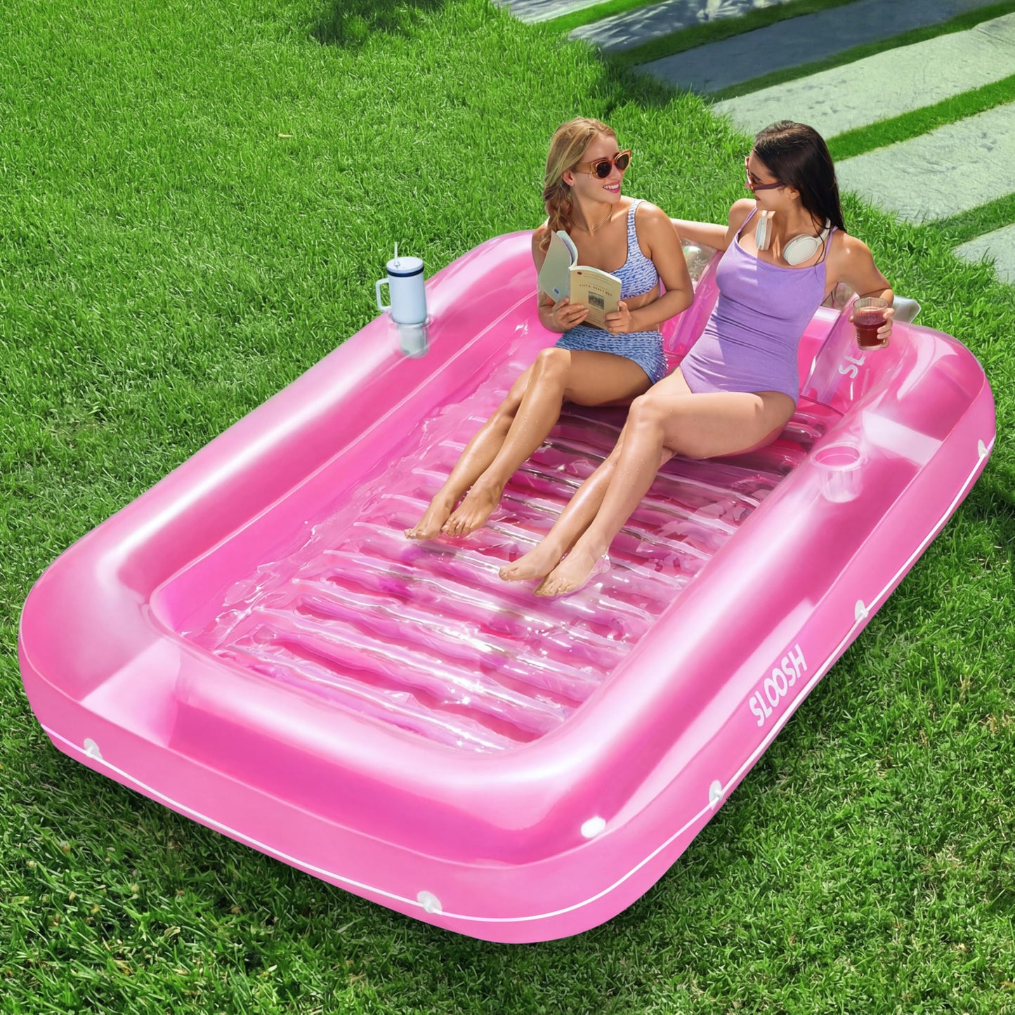 Aufblasbarer Sonnenpool mit abnehmbarem Kissen und Getränkehalter, Rosa XL