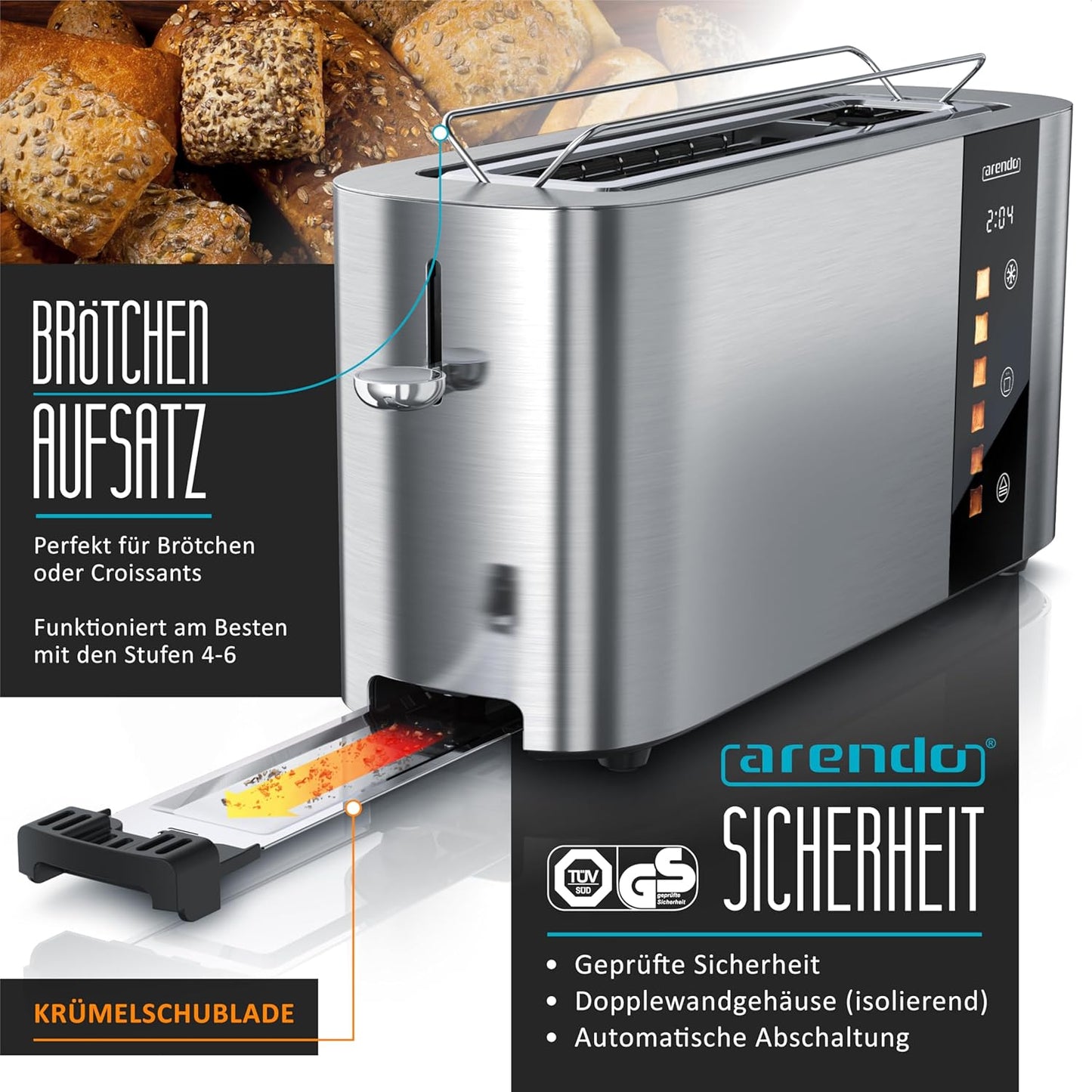 Edelstahl Langschlitz-Toaster mit Touchscreen, C: Steelsilver