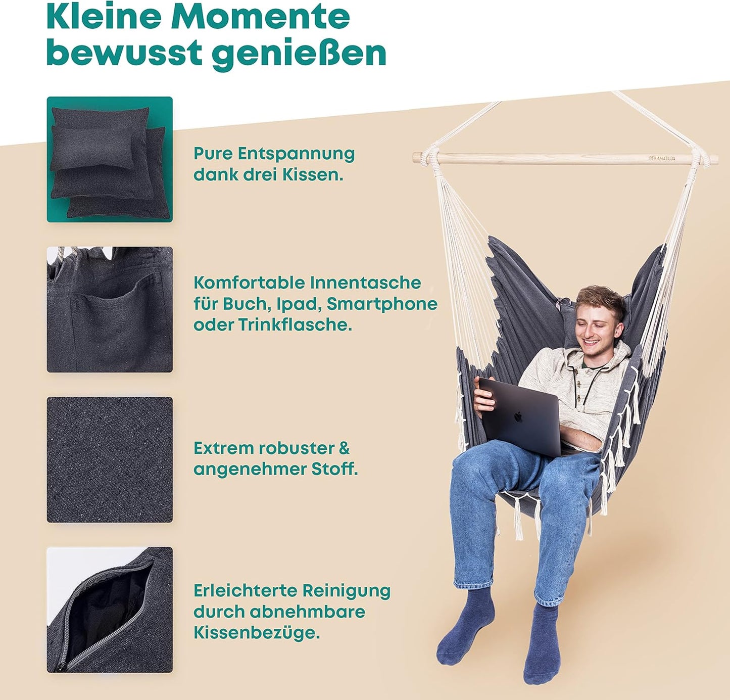 XXL Hängesessel mit Kissen, Grau-beige