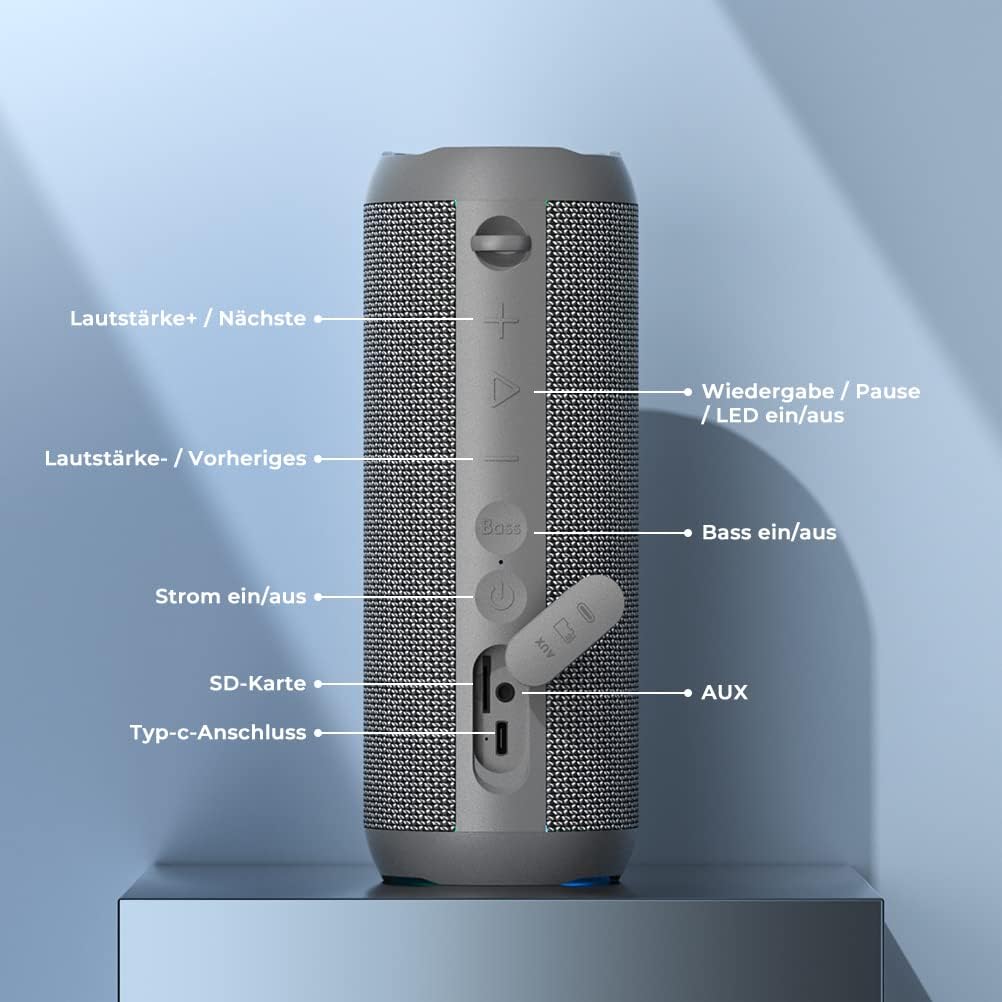 Wasserdichter Bluetooth Lautsprecher mit Licht, Grau