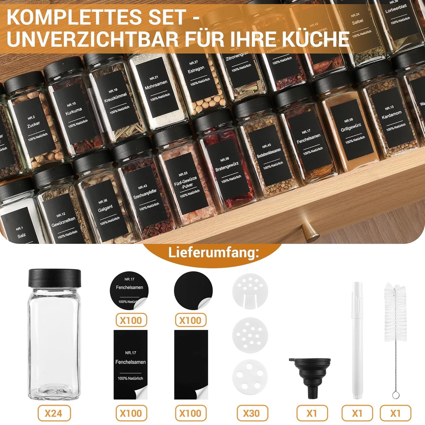 24-teiliges Gewürzgläser-Set mit Streueinsätzen, Etiketten und Deckeln