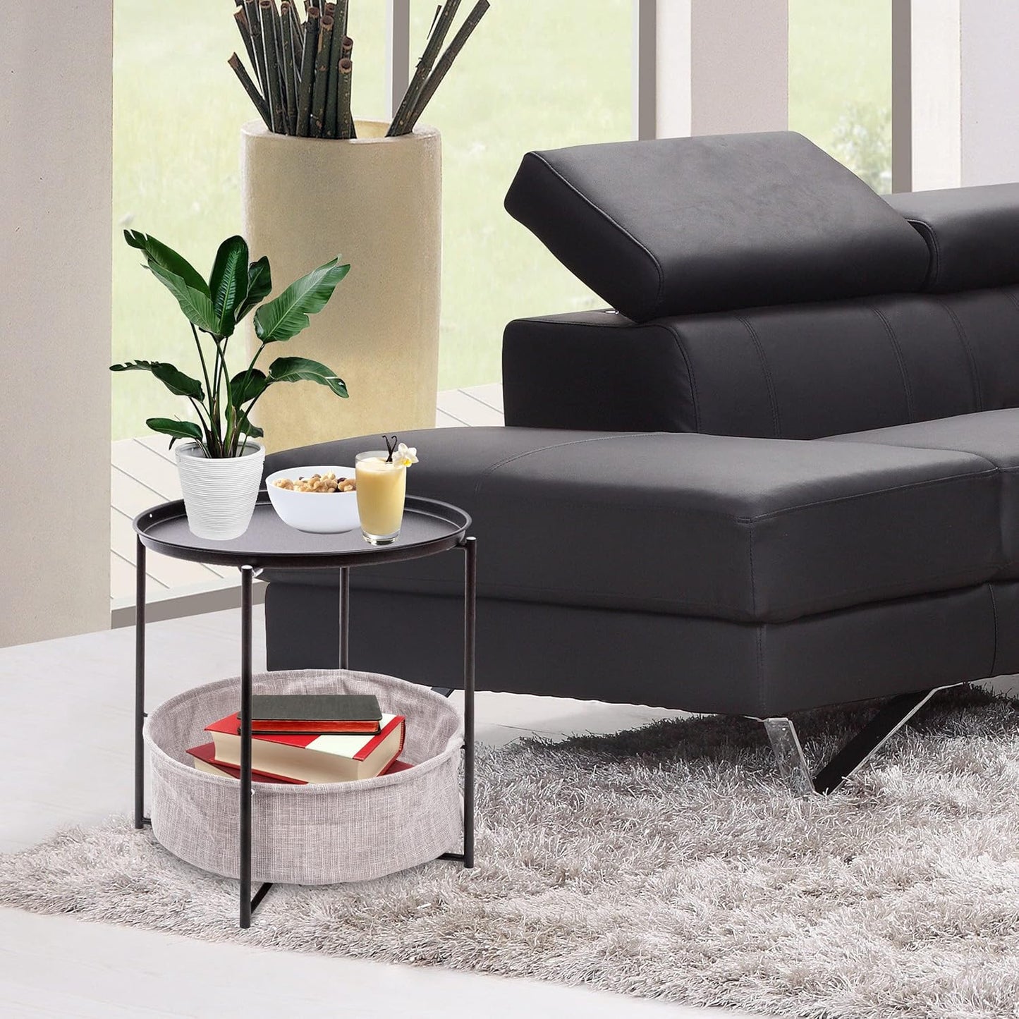 Runder Couchtisch mit Korb & Tablett, Schwarz