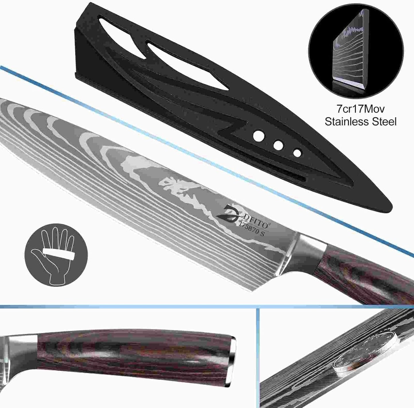 Küchenmesser-Set inkl. Wetzstahl, Messerscheiden und Tragetasche, Roter Griff