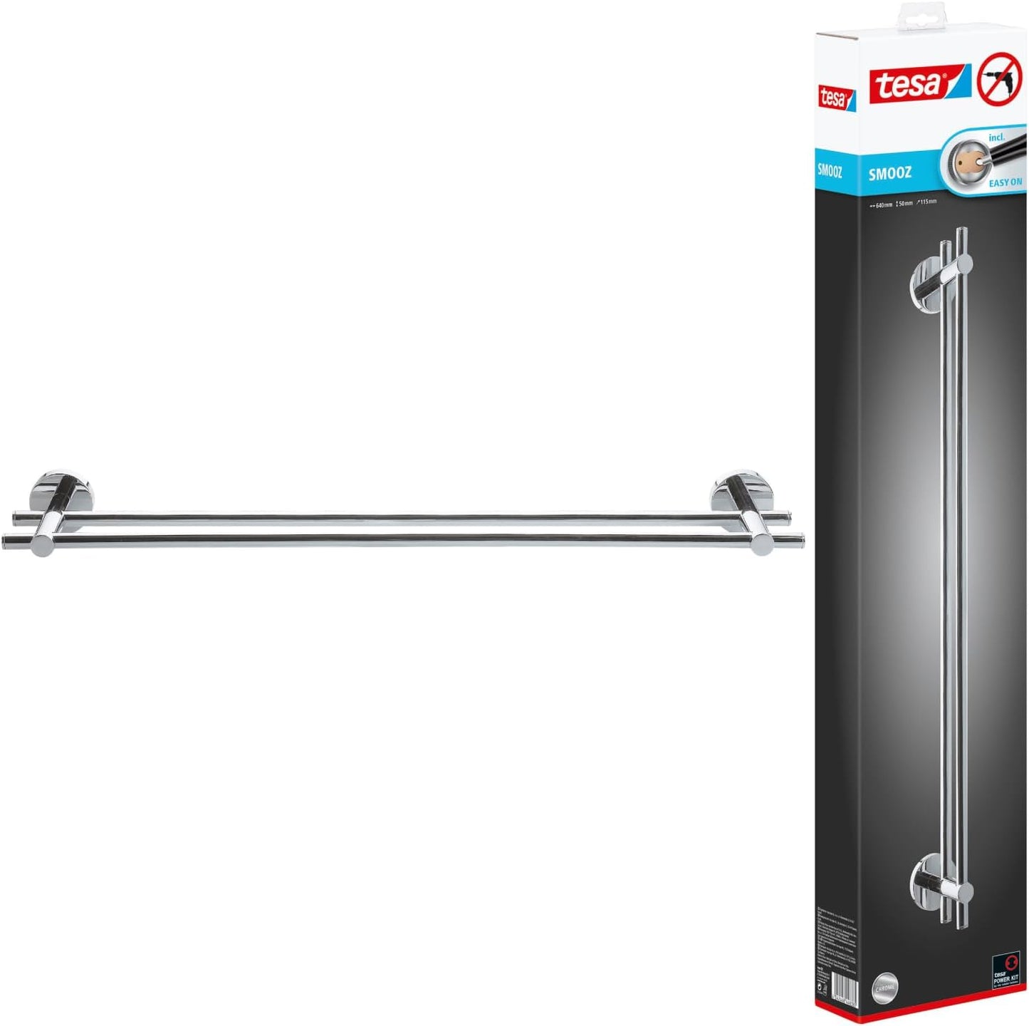 SMOOZ Badetuchstange zweiarmig inkl. Klebelösung ohne Bohren, 640mm x 50mm x 115mm Handtuchstange