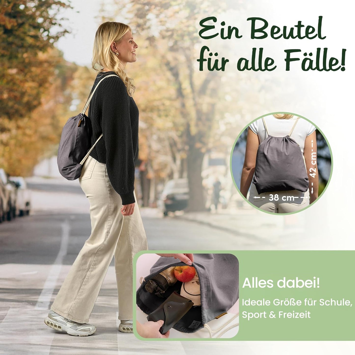 10er-Pack Turnbeutel mit Kordelzug, Anthrazit