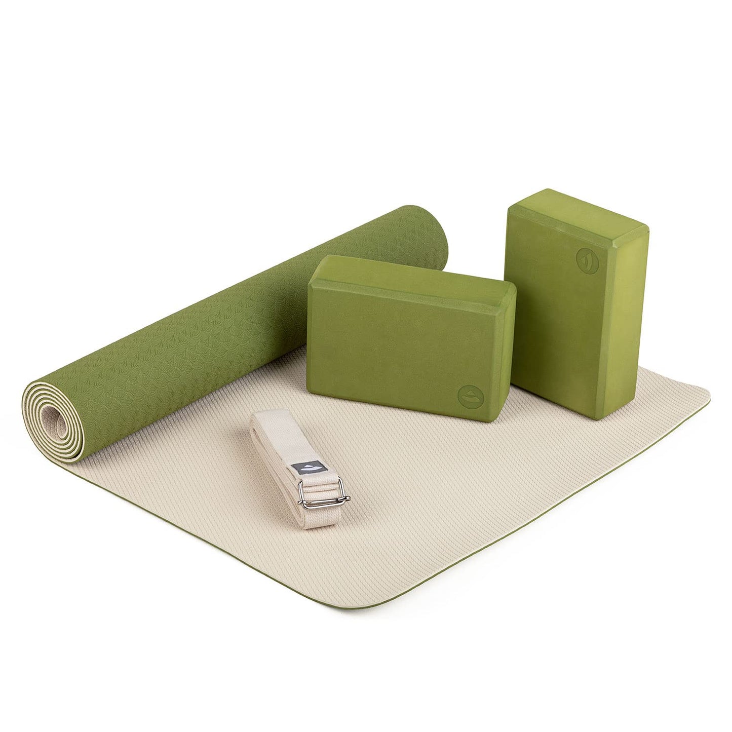 Yoga Starter-Set mit Matte, Blöcken & Gurt, olivgrün/sand