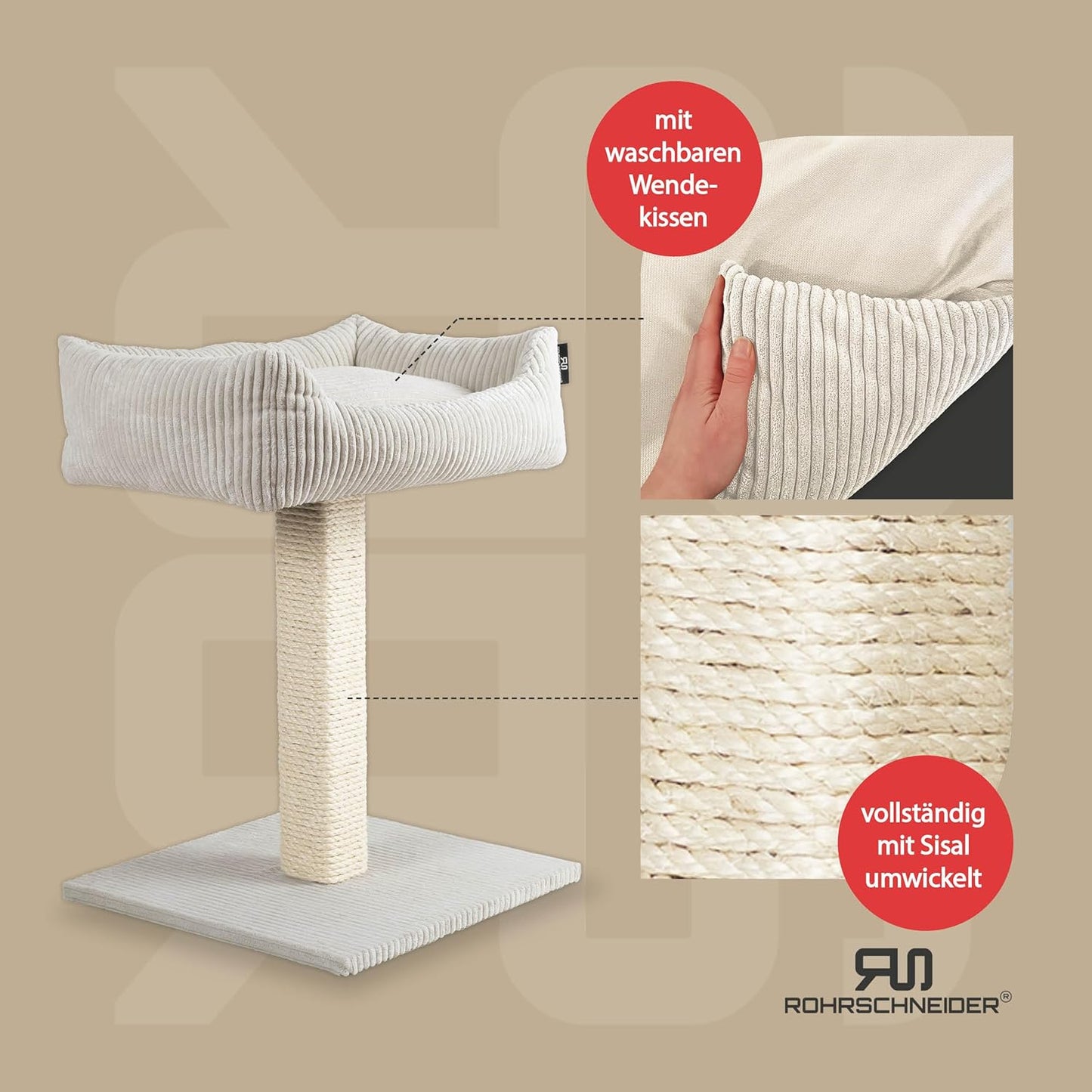 Kratzbaum mit Spielkugeln, Cordstoff breit beige