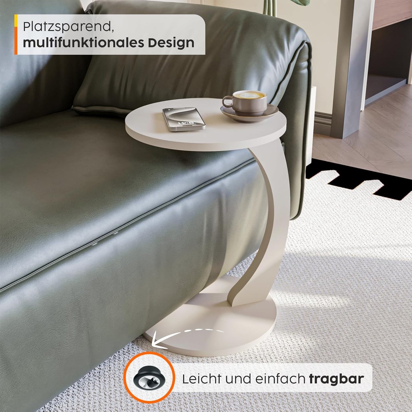 Couchtisch mit Rollen in C-Form, Sand-beige